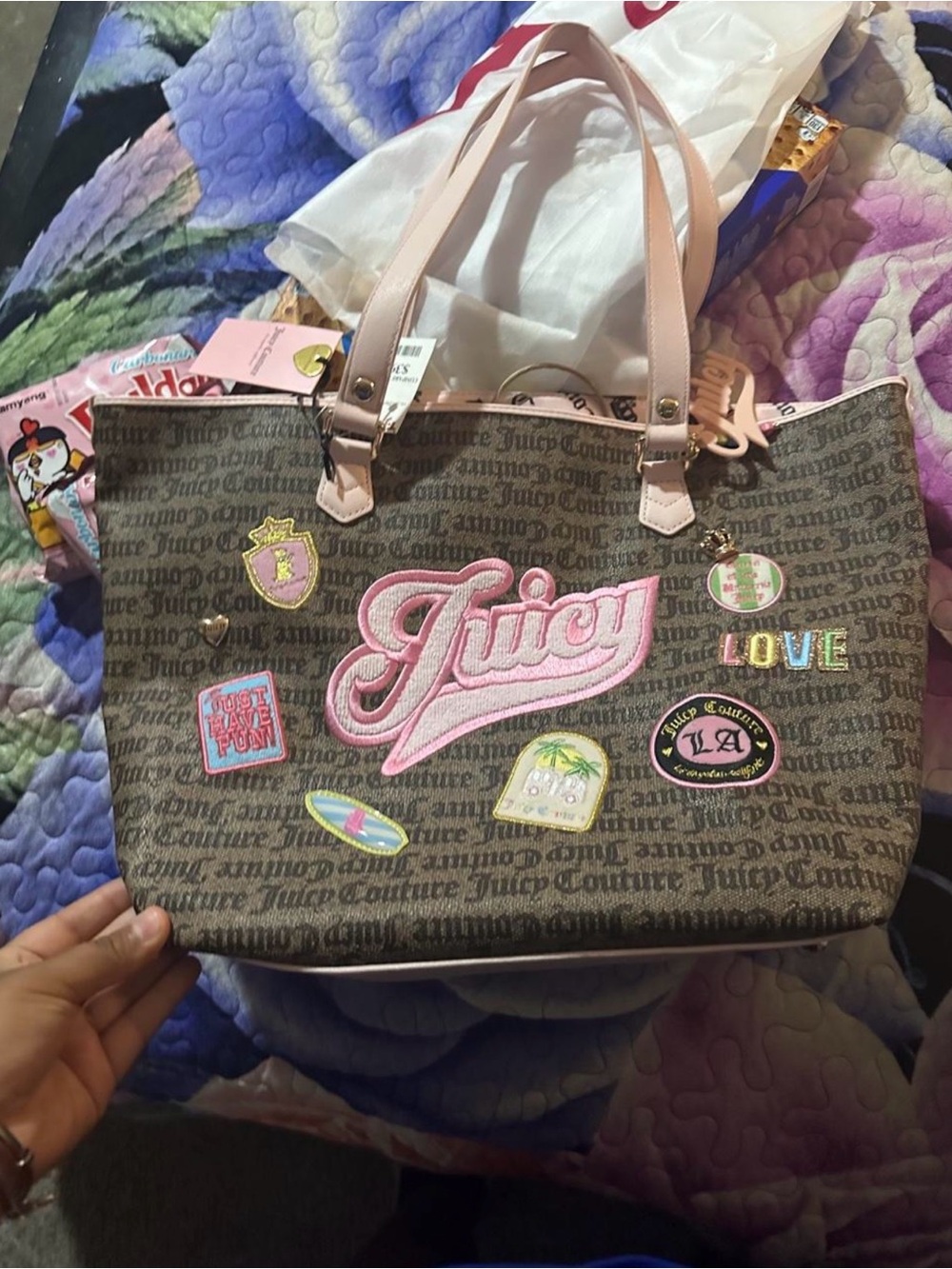 Juicy Couture Brown Tote with Pink Handles and Patchwork Logo